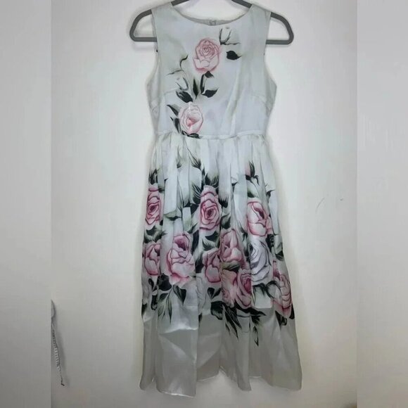Floral Rose Print 100% Silk Cotton Lining Balloon Skirt Midi Dress Size Small - Picture 2 of 13